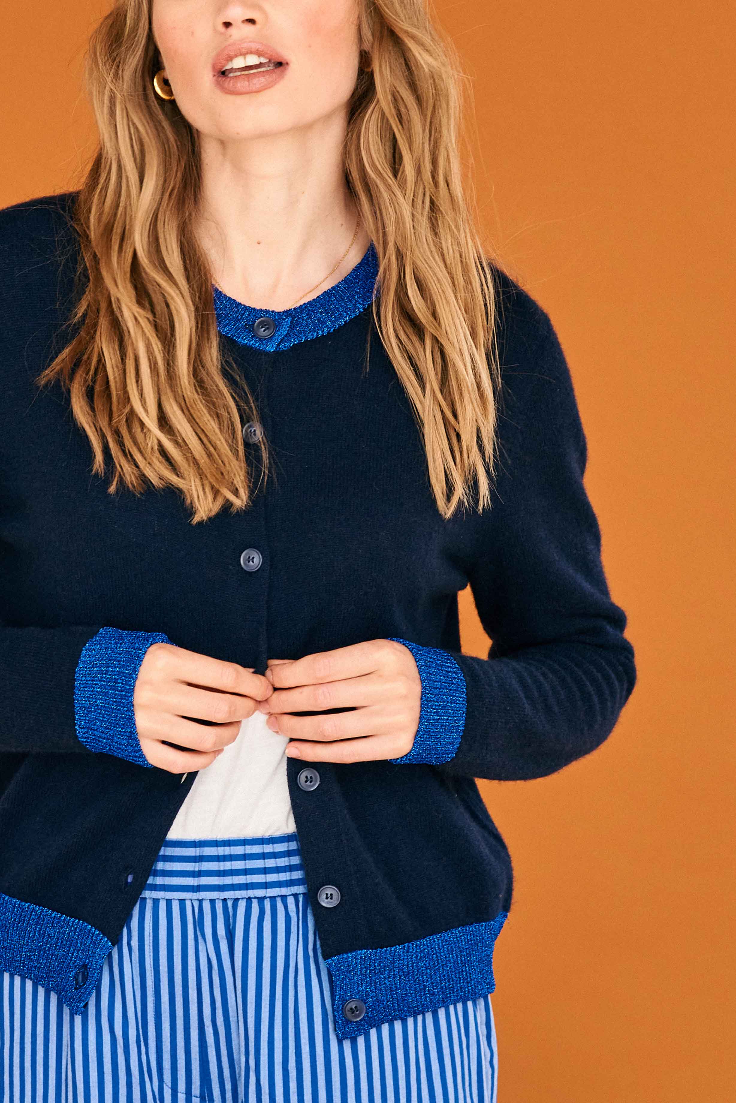 Lurex Trim Cardigan - Navy/Blue