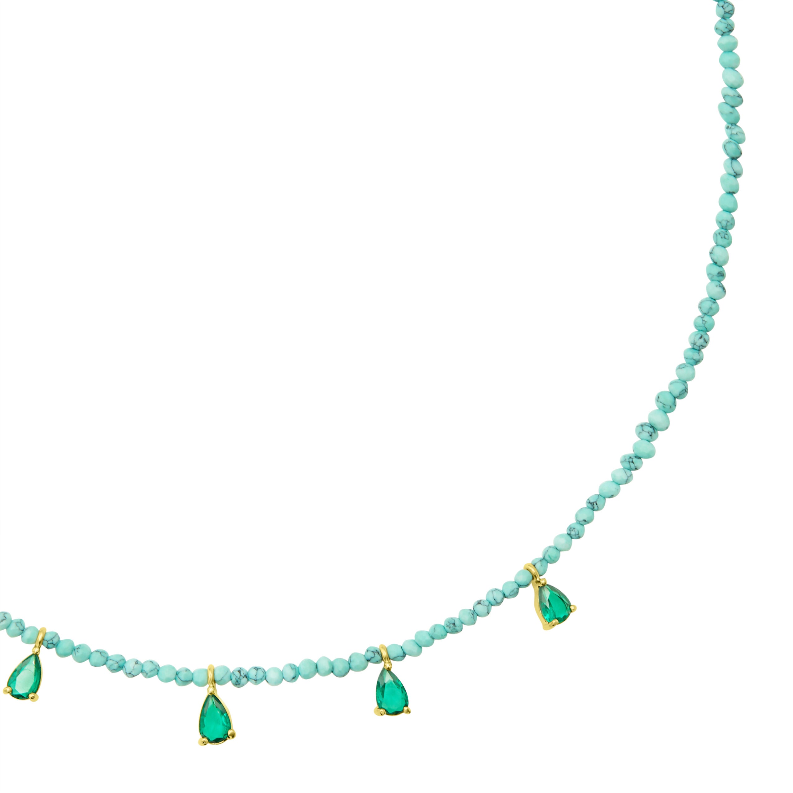 Beaded Necklace with CZ Drops - Turquoise/Emerald