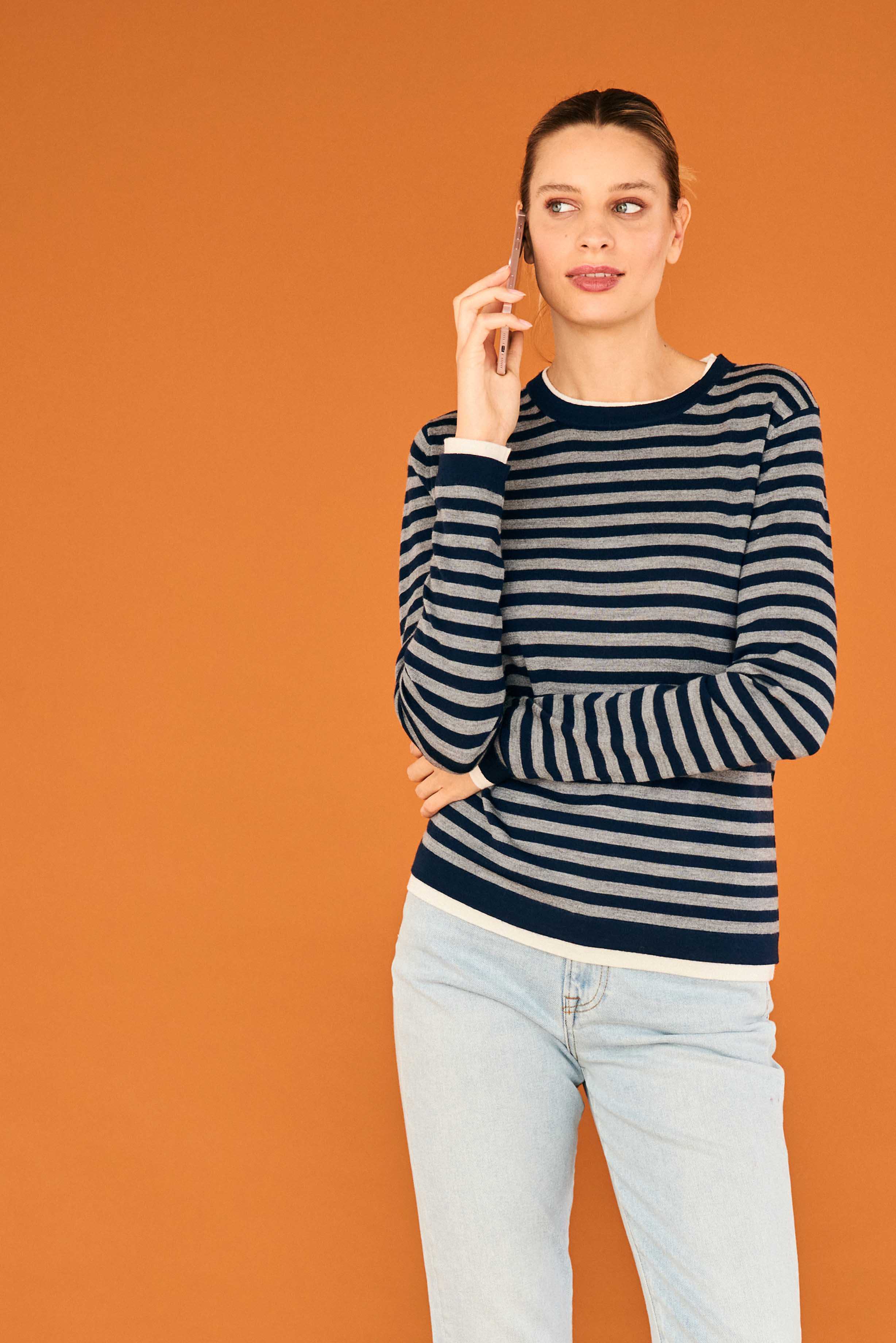 Stripe Double Trim Crew - Navy/Grey/White