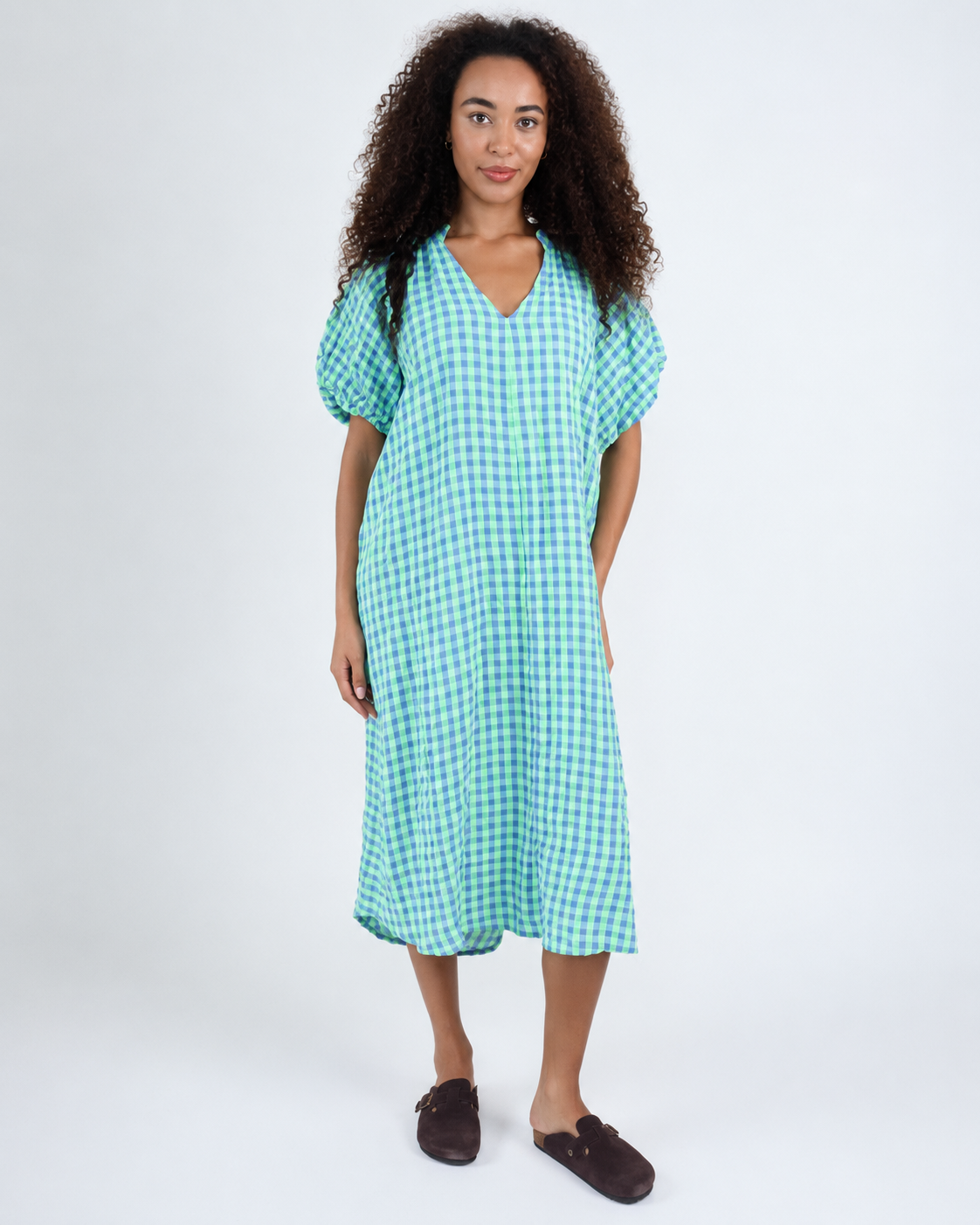 30061 Gingham Seersucker Dolly Dress - Neon Green/Denim