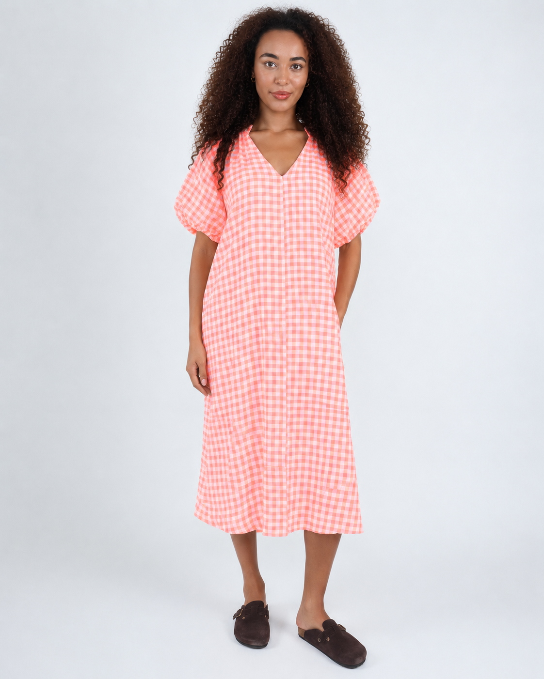 30061 Gingham Seersucker Dolly Dress - Neon Orange/Pink