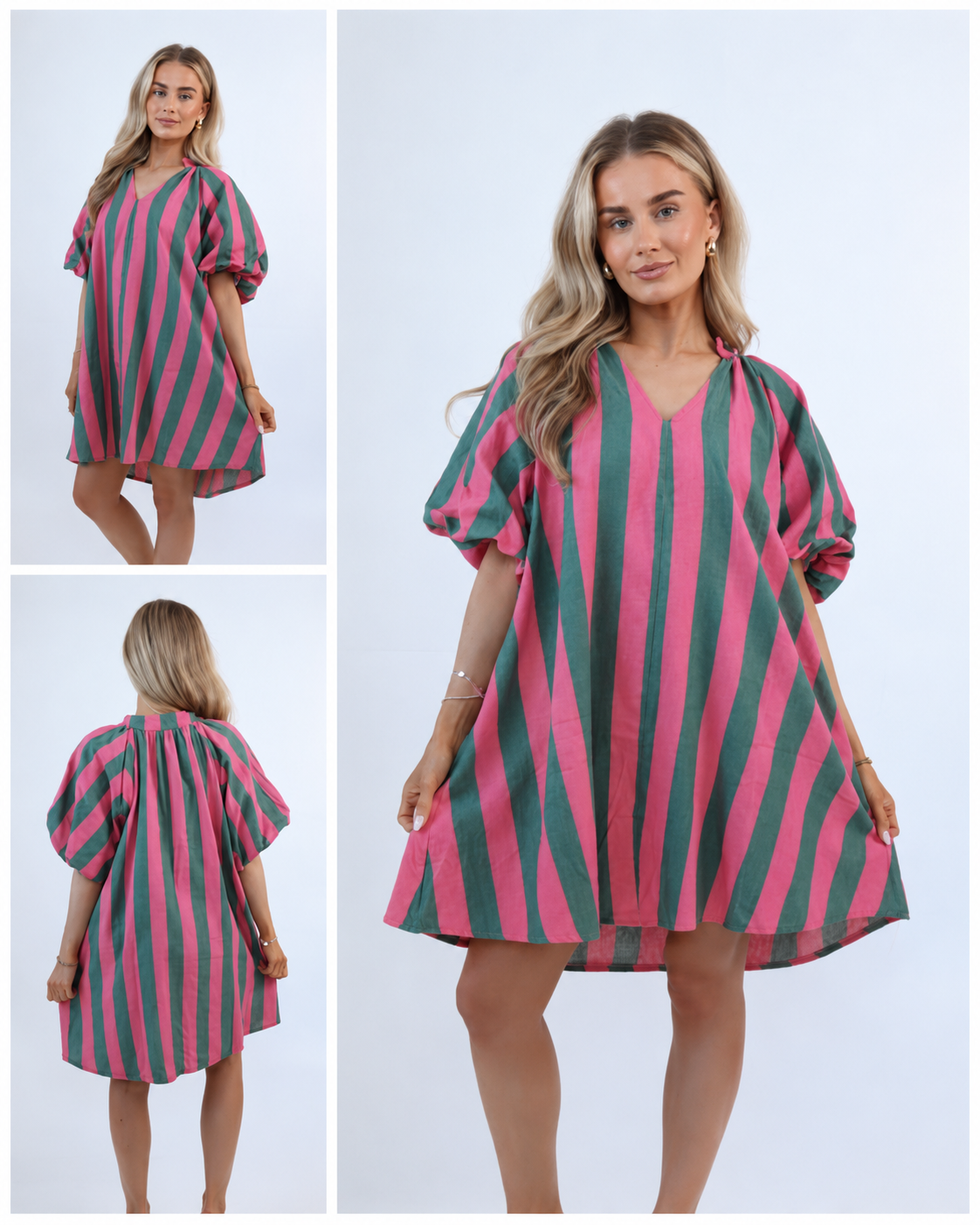 2912 Block Stripe Canvas Cotton Knee Length Dress - Pink/Green
