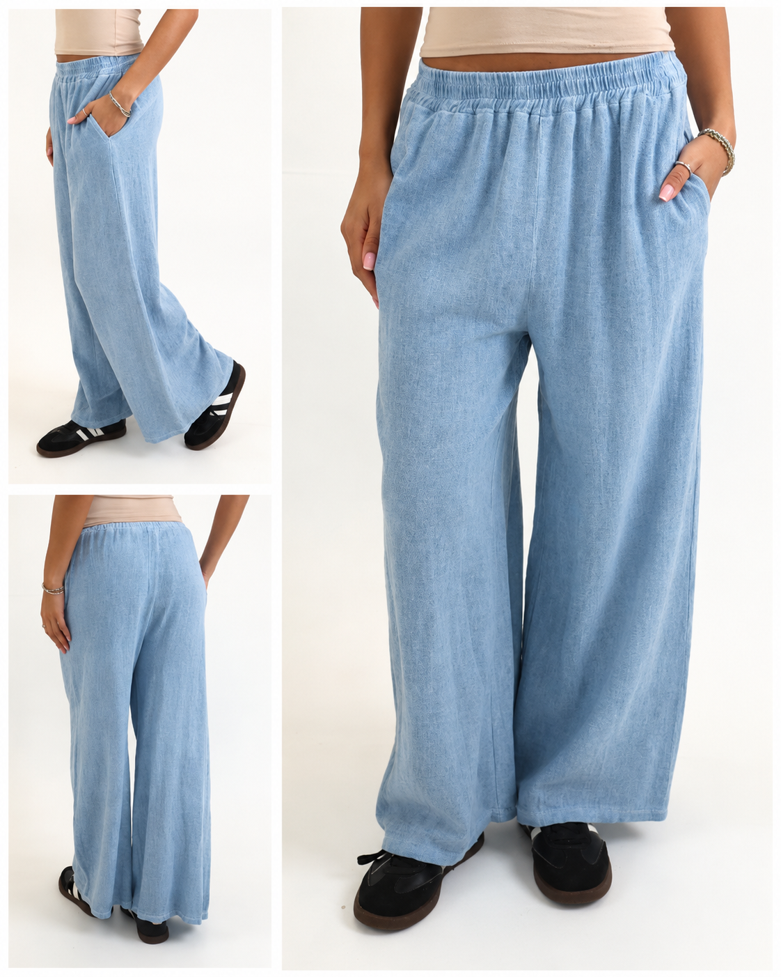 5808 Wide Leg Linen Cotton Mix Gauze Trousers - Light Denim