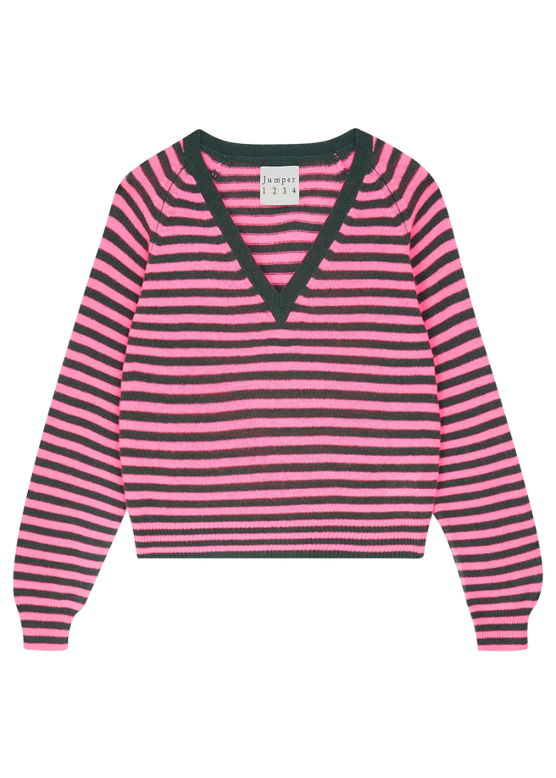 Crop Stripe Vee Jumper Khaki Neon Pink