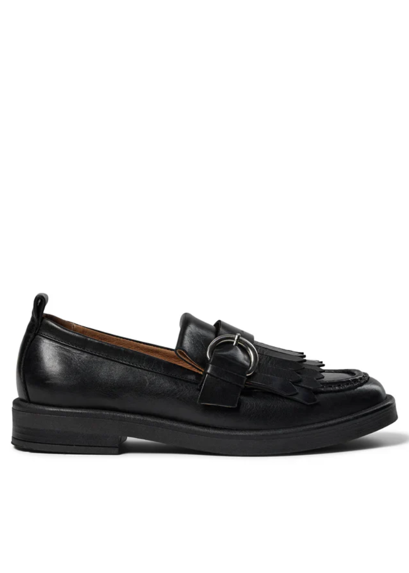 Office fisher chunky black leather fringed buckle loafers cheap