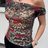 Chloe Mesh Top - Leopard/Rose Print