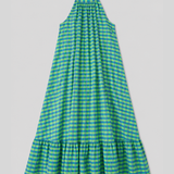 3040 Halter Neck Gingham Seersucker Dress - Neon Green/Denim
