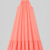 3040 Halter Neck Gingham Seersucker Dress - Neon Orange/Pink