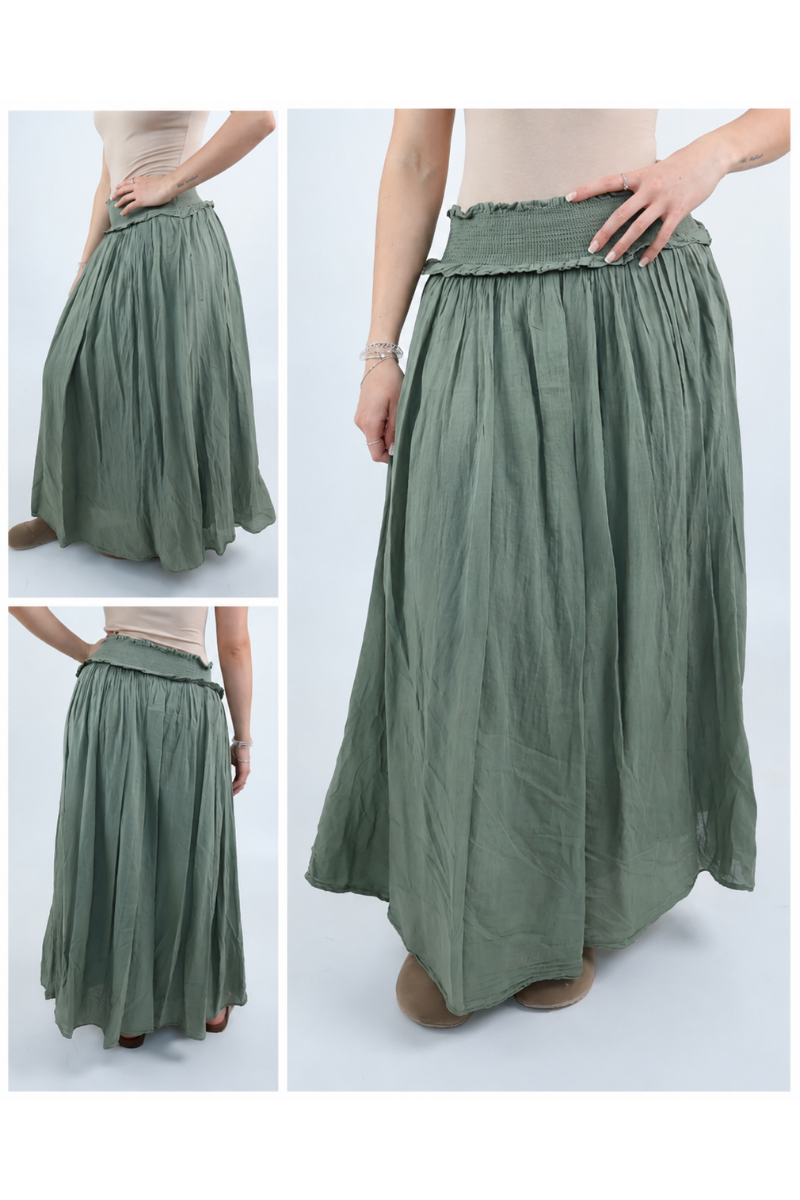 5103 Shirred Waist Cotton Ankle Length Skirt - Khaki