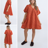 2912G Seersucker Gingham Knee Length Dress - Neon Orange/Rust