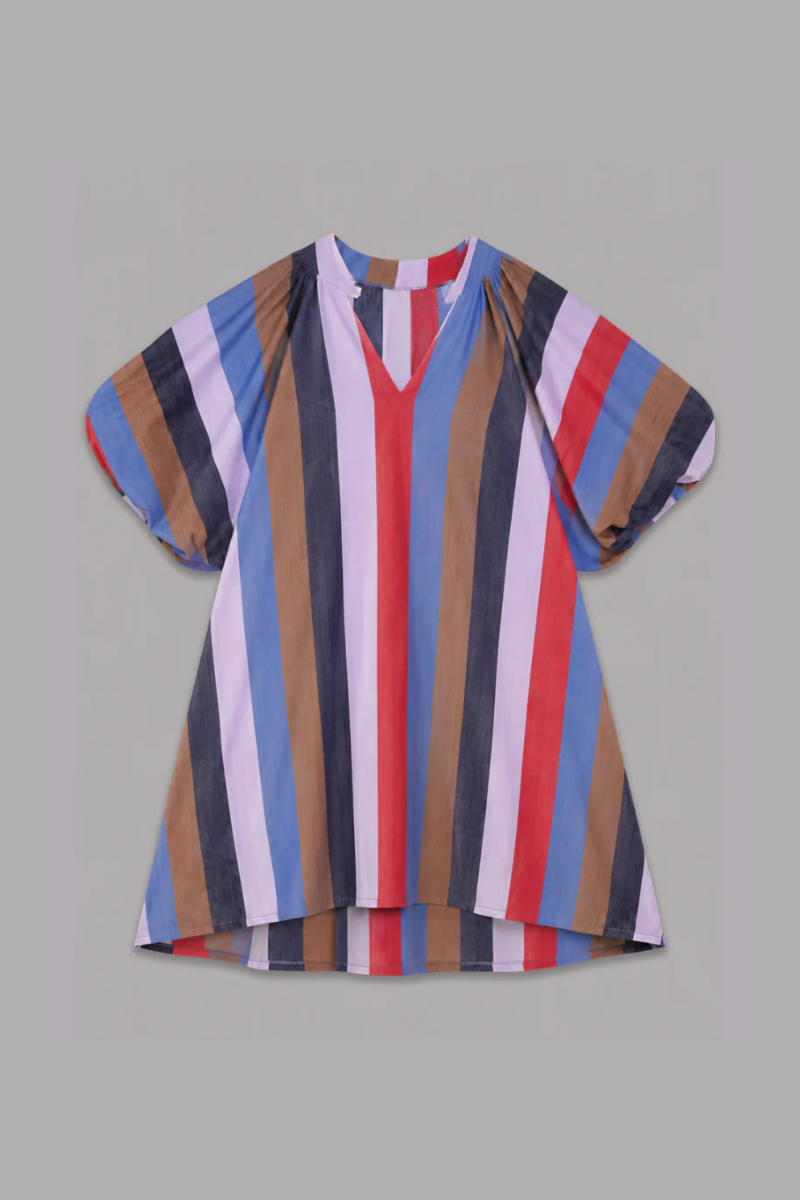 2912 Block Stripe Canvas Cotton Knee Length Dress - Lilac Mix