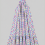 3040 Halter Neck Gingham Seersucker Dress - Neon Yellow/Denim/Pink