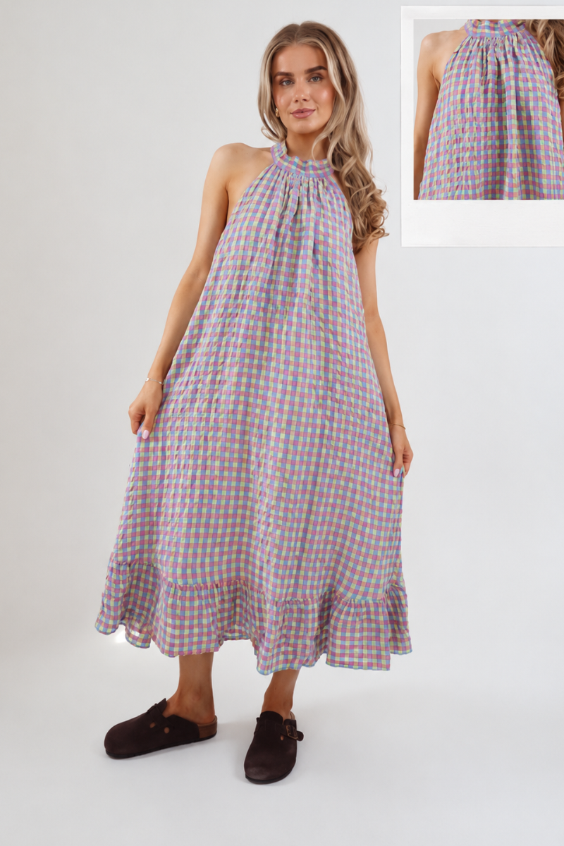 3040 Halter Neck Gingham Seersucker Dress - Neon Yellow/Denim/Pink