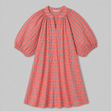 2912G Seersucker Gingham Knee Length Dress - Neon Coral/Green