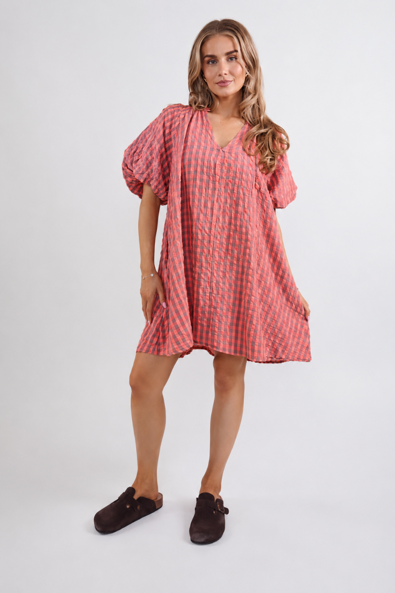 2912G Seersucker Gingham Knee Length Dress - Neon Coral/Green