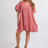 2912G Seersucker Gingham Knee Length Dress - Neon Coral/Green