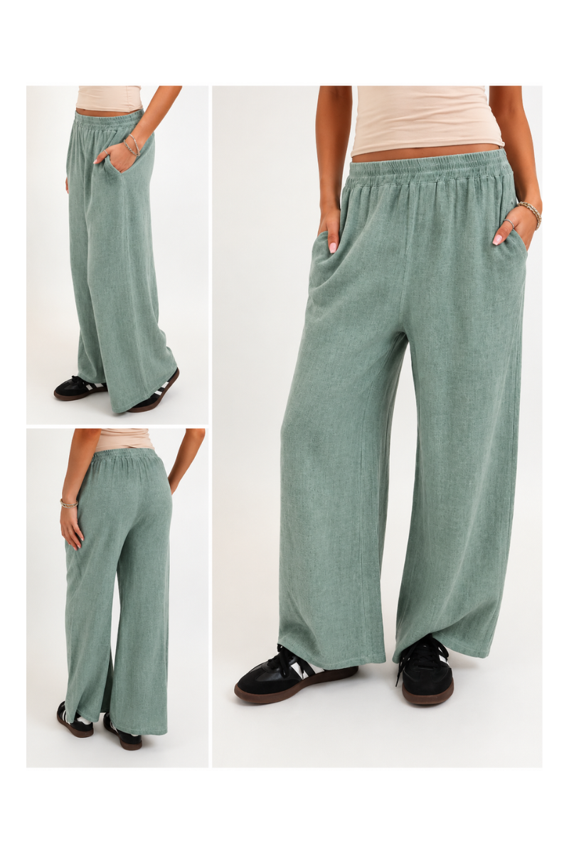 5808 Wide Leg Linen Cotton Mix Gauze Trousers - Green