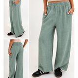 5808 Wide Leg Linen Cotton Mix Gauze Trousers - Green