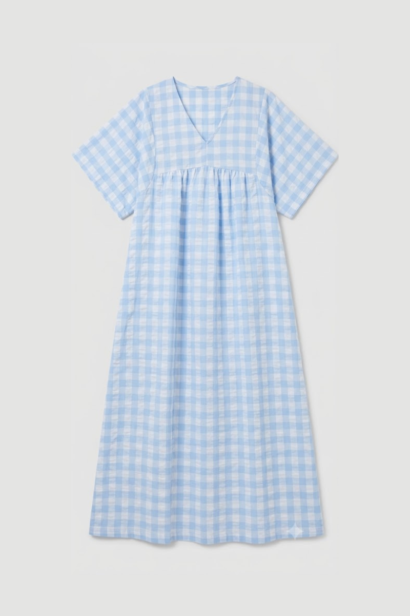 8716G Gingham Baby Doll A-line Dress - Pale Blue