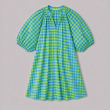 2912G Seersucker Gingham Knee Length Dress - Neon Green/Denim