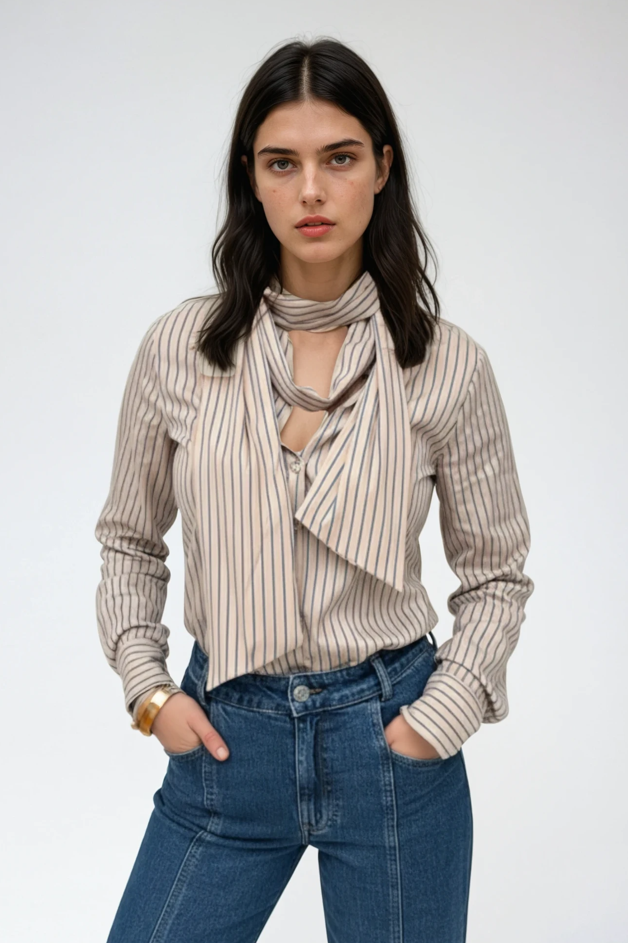 Lily Stripe Bow Shirt - Beige