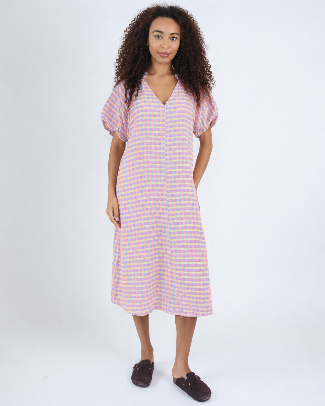 30061 Gingham Seersucker Dolly Dress - Neon Yellow/Denim/Pink