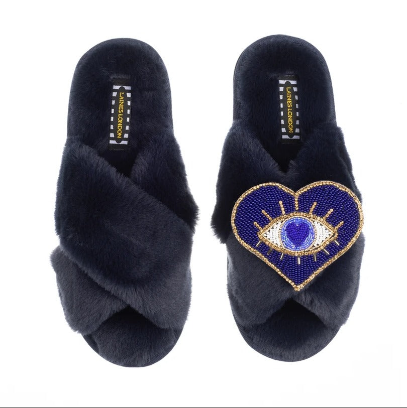 Laines Navy Slippers - Blue Heart/Eye