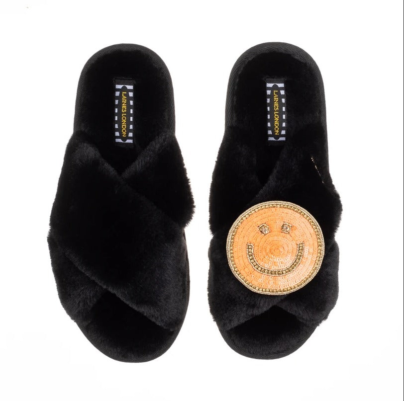 Laines Black Slippers - Coral Orange Smiley