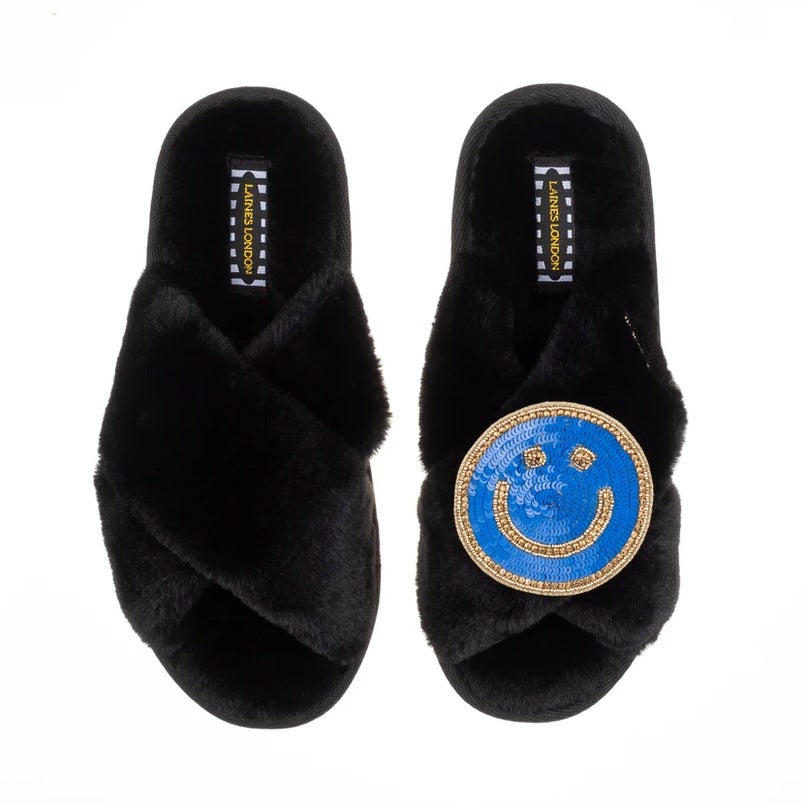 Laines Black Slippers - Cobalt Blue Smiley