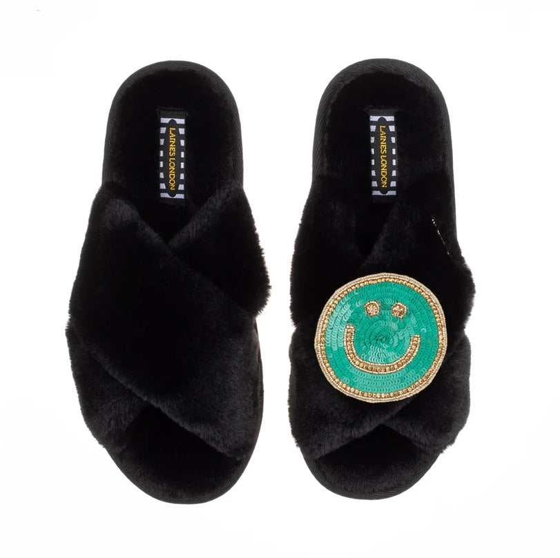 Laines Black Slippers - Emerald Green Smiley