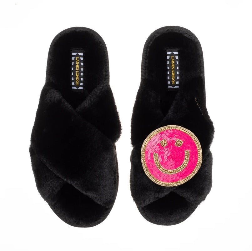 Laines Black Slippers - Bright Pink Smiley
